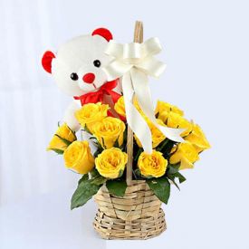 Basket Of Yellow Roses With Teddy